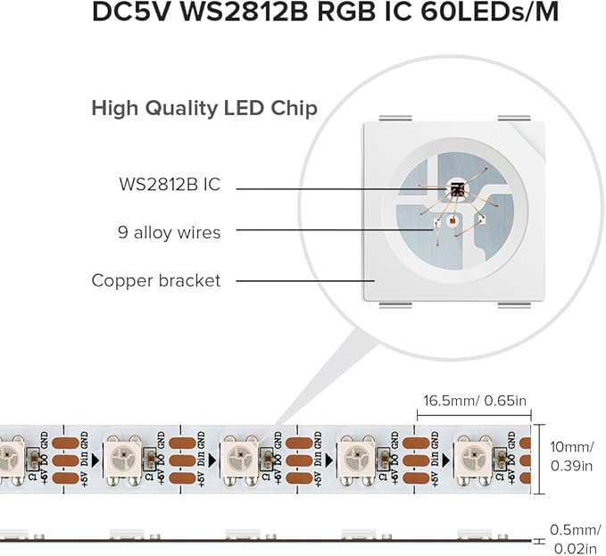 SEZO WS2812B LED Strip Light 16.4FT 60Pixel/M 300LEDs DC5V Individual Addressable LED Strip SMD5050 RGB Dream Color Programmable LED Light Strip Flexible IP30 Non-Waterproof White PCB