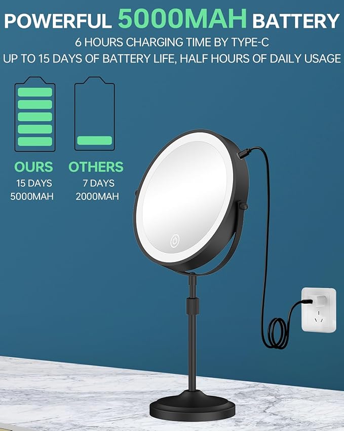 9" Lighted Makeup Mirror with 1X 10x Magnification, 5000mAh Rechargeable Led Magnifying Vanity mirror with lights, 3 Lighting Colors, Brightness Dimmable Height Adjustable Cosmetic Mirror Black