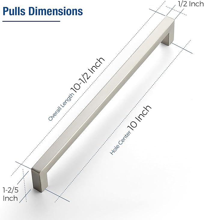 JOY DECOR 12 Pack Cabinet Handles, Brushed Nickel Cabinet Pulls, 10 Inch Kitchen Closet Handles Square Drawer Pulls Stainless Steel Drawer Hardware, 256mm Hole Centers