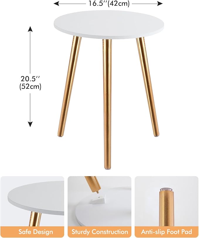 Apicizon Round Side Table Set of 2, White Nightstand Coffee End Table for Living Room, Bedroom, Small Spaces, Morden Side Table Home Decor Bedside with Wood Legs 16.5 Inches