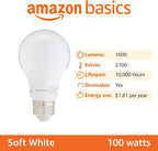 Amazon Basics A19 LED Light Bulbs, 100 Watt Equivalent, Energy Efficient 15W, E26 Standard Base, Soft White 2700K, Dimmable, 10,000 Hour Lifetime , 6-Pack