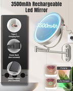 30X/1X Wall Mounted Lighted Makeup Mirror, 8'' Double Sided Rechargeable Magnifying Bathroom Mirror with Light, 3 Color Lights Touch Dimmable Extended Arm 360 Rotation Light up Mirrors
