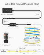 ALITOVE 32.8ft COB Led Strip Light White 6500K Super Bright 24V LED Strip Lights with Remote Dimmable 3200LEDs CRI90+ Uniform Glow LED Tape Light for Mirror Under Cabinet Living Room Study Wardrobe