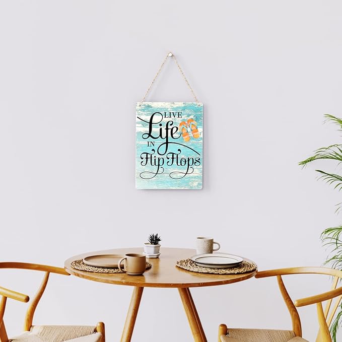 Rustic Live Life in Flip Flops Wood Hanging Sign, Farmhouse Quality Artwork Decor, Summer Wooden Plaque Sign Wall Art, Home Beach House Pool Decoration (8 x 10 Inches) (JTMP080)