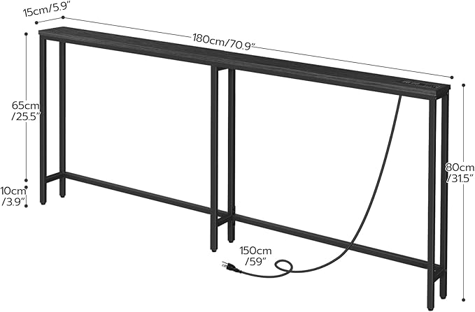 HOOBRO 70.9" Narrow Console Table with Charging Station, 5.9" Sofa Table with 2 Power Outlets and USB Ports, Long Entryway Tables Behind Couch Table, for Hallway, Living Room, Black BB185UXG01