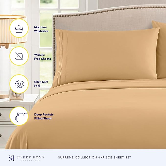 Twin XL Sheets - Breathable Luxury Sheets with Full Elastic & Secure Corner Straps Built In - 1800 Supreme Collection Extra Soft Deep Pocket Bedding Set, Sheet Set, Twin XL, Camel