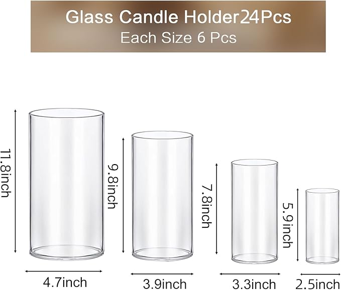 PHOSPHOR 24 PCS Glass Candle Holder - Hurricane & Pillar Candle Holder, Clear Glass Cylinder Vase for Centerpieces, Wedding & Party Decoration