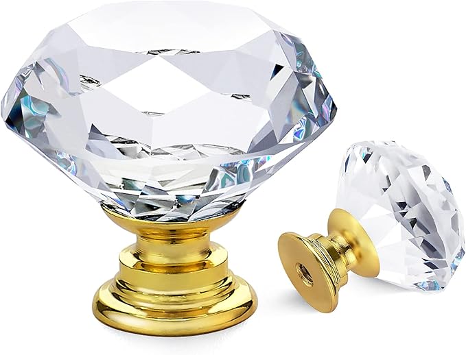 Ravinte Crystal Knobs for Dresser Drawers & Glass Cabinets - Diamond Shaped, 30 mm with Gold Base