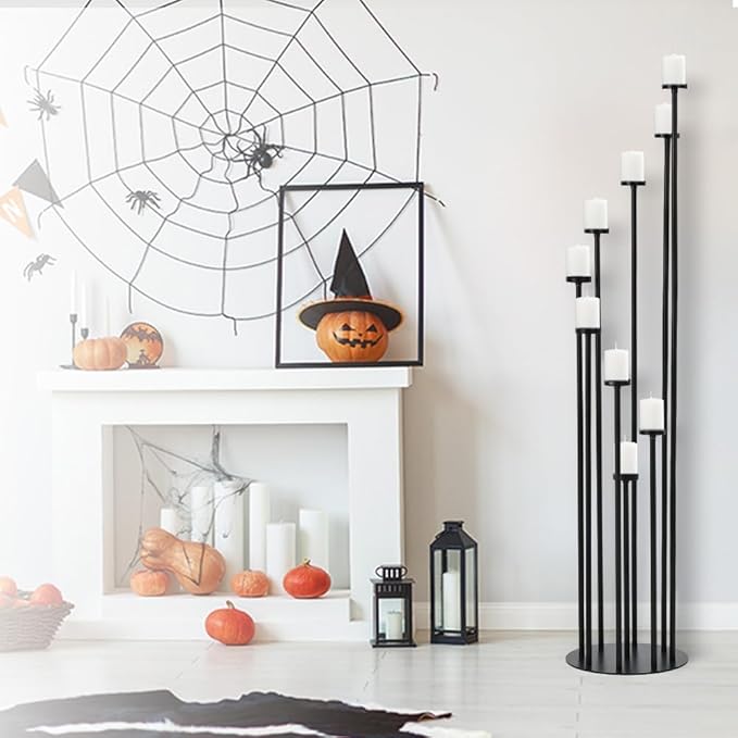 Black 9 Arm Floor Candle Holder Candelabra for Home Decor, Weddings, Dinner Parties Formal Events