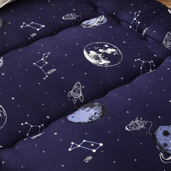 Navy Space Adventure Japanese Floor Futon Mattress, Thicken Tatami Mat Sleeping Pad Foldable Bed Roll Up Mattress Floor Lounger Bed Couches and Sofas for Kids Twin Size