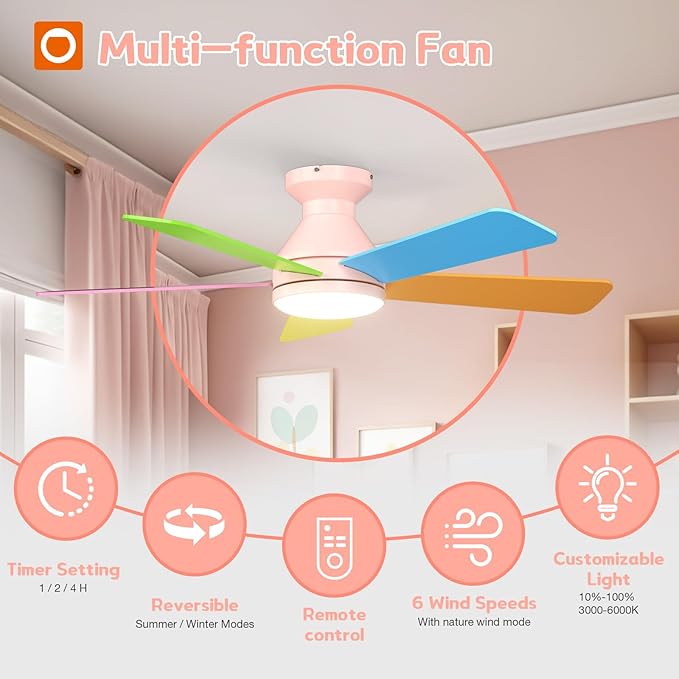 addlon Ceiling Fans with Lights, 42 Inch Low Profile Kids Ceiling Fan, Girl's Fan with Remote, Reversible, 3CCT, Dimmable, Quiet, Pink Small Ceiling Fan for Kids Room, Bedroom Indoor/Outdoor Use