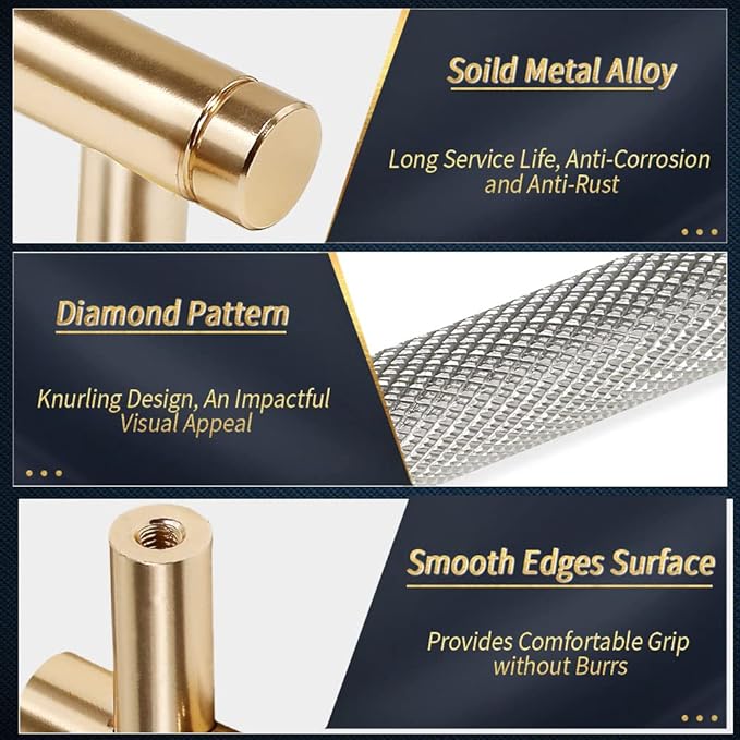 Knurled Cabinet Pulls 2 Pack, 6 Inch Long Cabinet Handles Metal Door Pulls, Kitchen Drawer Pull Knurled Dresser Handles - 5" Hole to Hole, Grey & Gold
