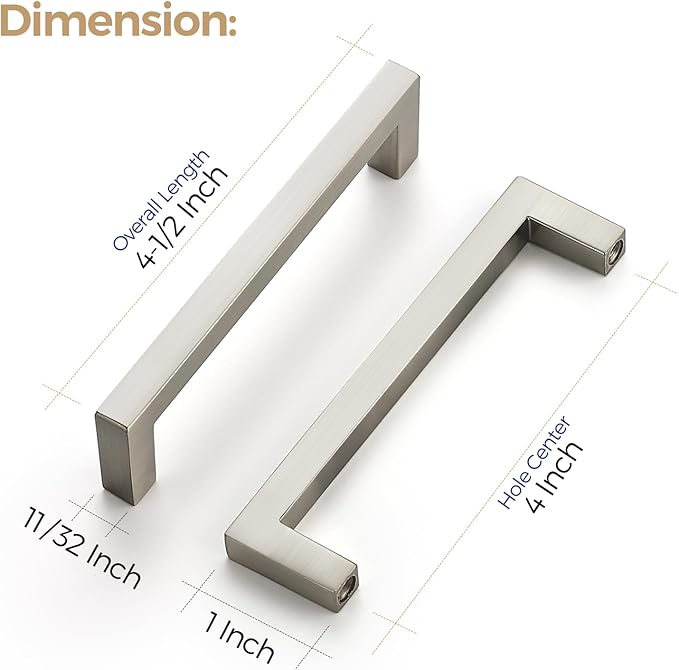 Ravinte 10 Pack Solid Kitchen Cabinet Handles Brushed Nickel Slim Cabinet Pulls Drawer Pulls with 4 Inch Hole Center Square Bar Kitchen Cabinet Hardware