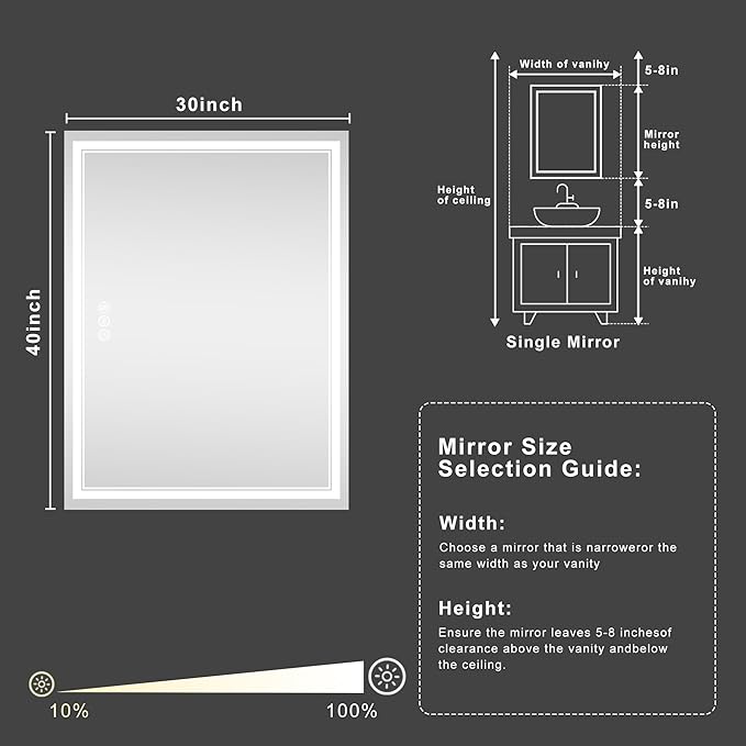 40‘’x30'' Lighted Mirrors for Bathroom Wall Backlit + Front Lit, Rectangular LED Bathroom Mirror Frameless with Lights Anti Fog, Dimmable, 3 Colors,Tempered Glass, Shatter-Proof