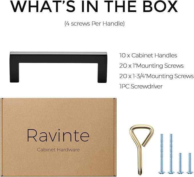 Ravinte 10 Pack Black Solid Kitchen Cabinet Handles Matte Black Cabinet Pulls Slim Drawer Pulls with 3-1/2 Inch Hole Center Square Bar Kitchen Cabinet Hardware