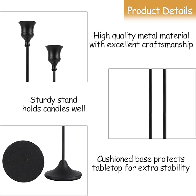 Black Candlestick Holders Set of 3, Metal Taper Candle Holders, Classic Decorative Candle Stick for Christmas, Wedding, Party, Dinner Tables,Home Décor
