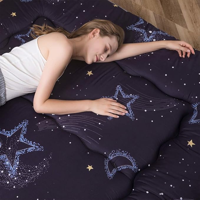 MAXYOYO Japanese Futon Mattress Floor Mattress Sleeping Pad Foldable Bed Roll Up Camping Cushion Floor Lounger Bed Couches and Sofas Couch Topper, Moon and Star, Full Size