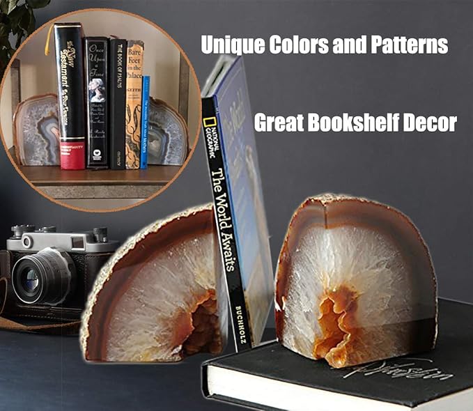 AMOYSTONE Agate Bookends for Shelf Decorative Geode Book Ends for Heavy Books Crystal Bookends for Shelves Nature Brown Small(1 Pair, 2-3 LBS)