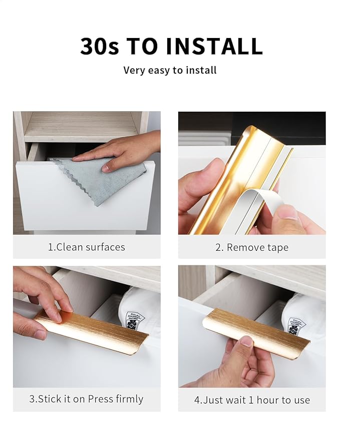 5 Pack 6 inch self Adhesive Cabinet pulls Adhesive Cabinet Handles Gold Drawer pulls Stick on Handles for Finger pulls for Concealed Edge Seam Flat Drawer