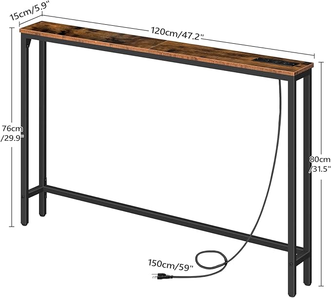 HOOBRO 47.2" Narrow Console Table with Power Outlet, 5.9" Behind Couch Table with Charging Station, Long Sofa Side Table, Skinny Entryway Table for Living Room, Hallway, Foyer, Rustic Brown BF15XG01G1