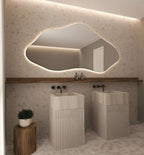 Asymmetrical Bathroom LED Mirror, Modern Irregular Shape Wall Mirror with LED Lights, Frameless Aesthetic Backlit LED Illimunated Vanity Mirror (55" x 27" inc)