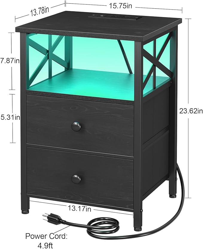 AMHANCIBLE Nightstand with Fast Charging Station, End Table Living Room with USB Charger 3-Port & 2-Power Outlet, Bedside Table with Fabric Drawers for Bedroom HET052LBK1