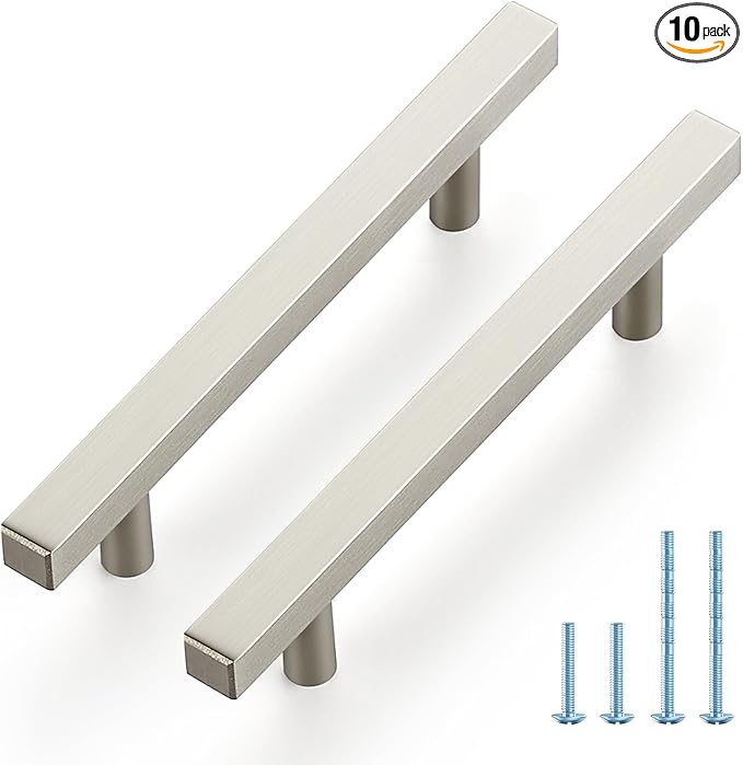 JOY DECOR 10 Pack 4 Inch Brushed Nickel Square Cabinet Handles Stainless Steel Cabinet Hardware Pulls for Kitchen and Drawers with 6-2/5 Inch Overall Length