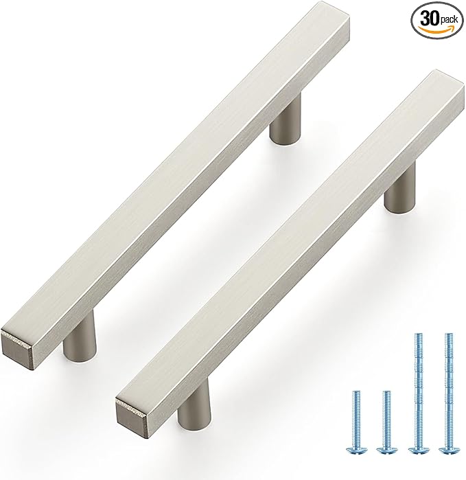 JOY DECOR 30 Pack 4 Inch Brushed Nickel Square Cabinet Handles Stainless Steel Cabinet Hardware Pulls for Kitchen and Drawers with 6-2/5 Inch Overall Length