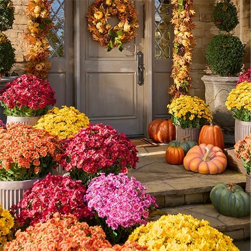 Artificial Mums for Outdoors, Faux Sunset Mum Flowers Planters for Indoor Outside Decor, Fake Look Real, Vibrant, UV Resistant, Waterproof, Windproof (Wine, 5 Bundle)