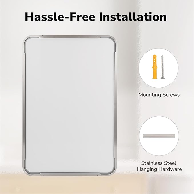 USHOWER Brushed Nickel Bathroom Mirror 24"x36", Silver Rectangle Mirror for Over Sink, Rounded Corner, Aluminum Frame, Anti-Rust, Tempered Glass, Horizontal or Vertical Mounted