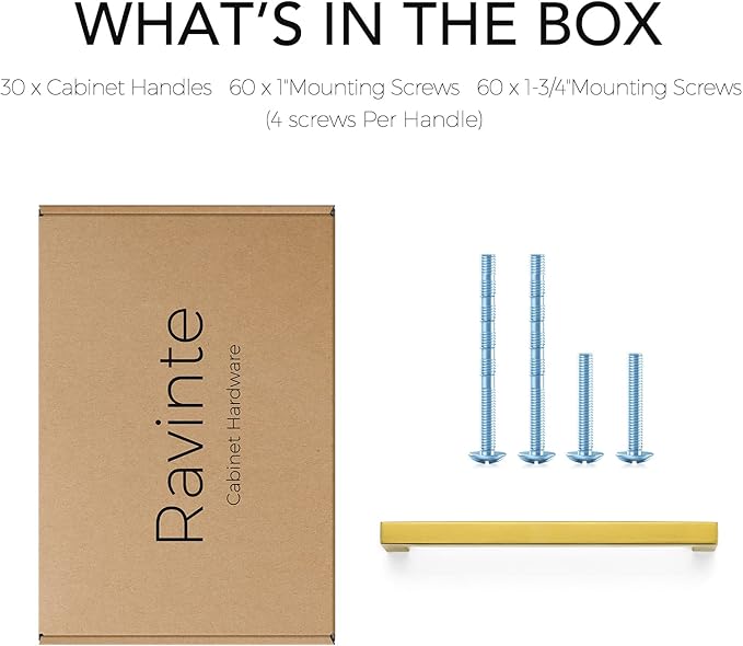 Ravinte 30 Pack 6-1/4 Inch Square Cabinet Handles - Brushed Brass Pulls, Stainless Steel Drawer Pulls, Kitchen Hardware