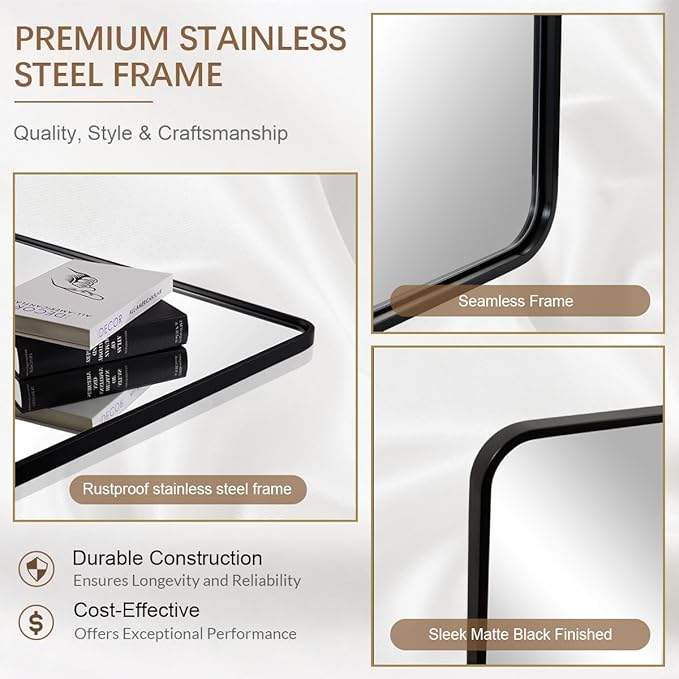 ANDY STAR 40X36 Inch Black Bathroom Mirror, Black Bathroom Vanity Mirrors for Wall, Rounded Rectangle Mirror for Bathroom, Seamless Tube Metal Frame, 1’’ Deep Wall Mounted Vertical/Horizontal