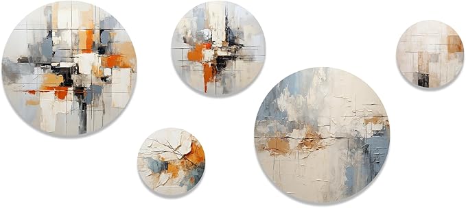 DesignQ Traditional Metal Wall Art Decor Set -Beige Metal Wall Decor Set For Room -Art Inspired By Modern Scandinavian Dreams In Beige And Yellow Set Of 5 round metal - 80" x 36" - 5 metal wall Panels