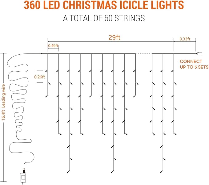 Brizled Christmas Icicle Lights, 29ft 360 LED Outdoor Icicle Lights Color Changing with Remote, 11 Function Connectable Christmas Lighting Warm White & Multicolor Xmas Lighting for Xmas Home Wedding