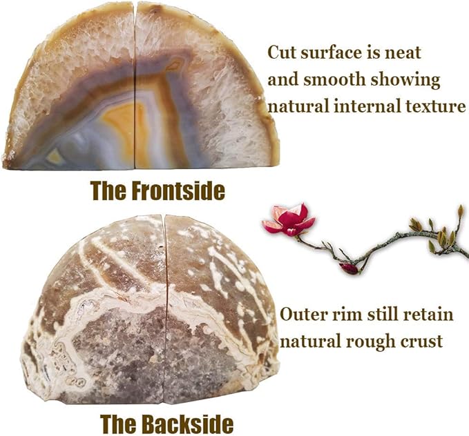AMOYSTONE Agate Book Ends Shelves Decorative Geode Bookend Large Crystal Bookends Quartz Decor Nature Brown with Rubber Bumpers(1 Pair, 4-6 LBS)