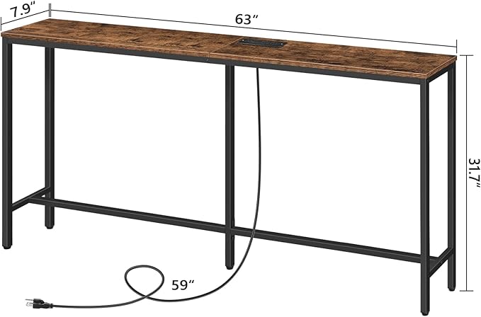 63" Console Table with Power Outlet, Narrow Sofa Industrial Entryway Behind Couch Table with USB Ports for Entryway, Hallway, Foyer, Living Room, Bedroom, Rustic Brown CTHR16E01Z