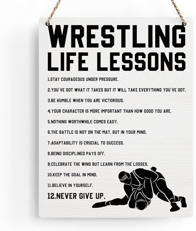Wrestling Life Lessons Wooden Hanging Sign Inspirational Wrestling Wall Art Decor, Wrestling Wall Hanging Decor Signs for Home Office Bedroom Decoration 8x10 Inches