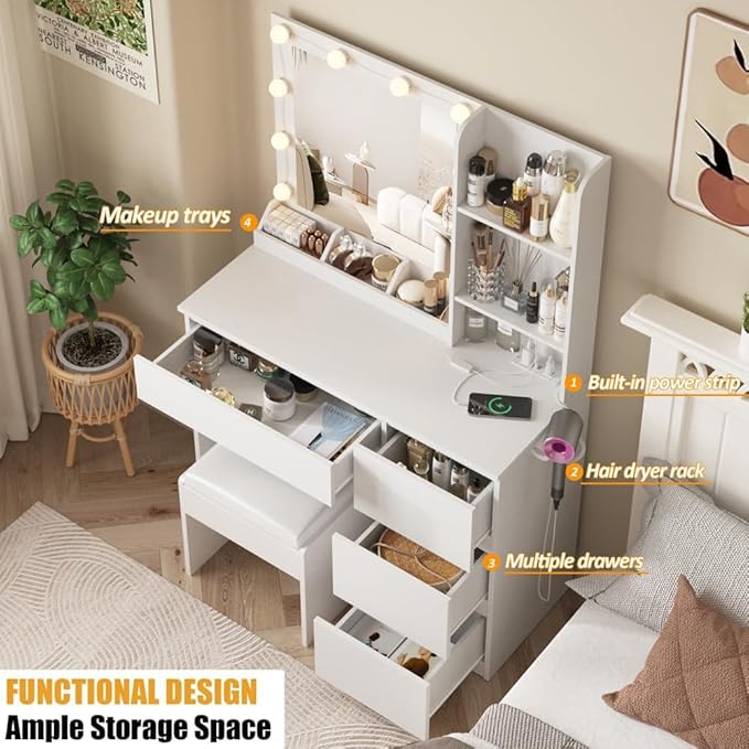 Vabches Vanity, Makeup Vanity Desk Set with Mirror & Light, Dressing Table Storage Lots with Power Strip, 3 Lighting Modes with Adjustable Brightness, 37 Inches (White) (White with Stool)