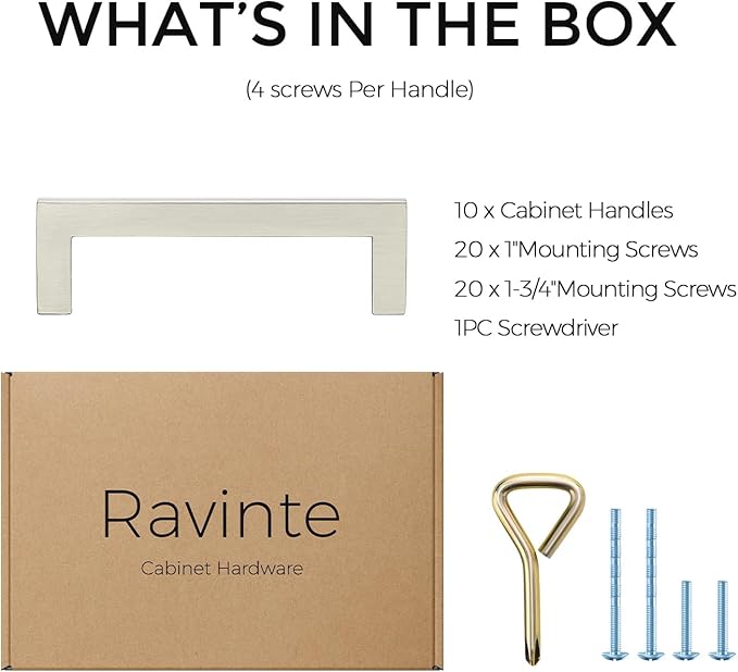 Ravinte 10 Pack Solid Brushed Nickel Kitchen Cabinet Handles Slim Drawer Pulls with 3-1/2 Inch Hole Center Square Bar Cupboard Hardware