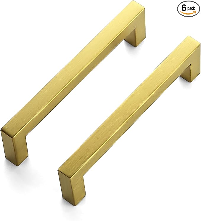 JOY DECOR 6 Pack Cabinet Handles, Gold Cabinet Pulls, 5 Inch Kitchen Closet Handles Square Drawer Pulls Stainless Steel Drawer Hardware, 128mm Hole Centers