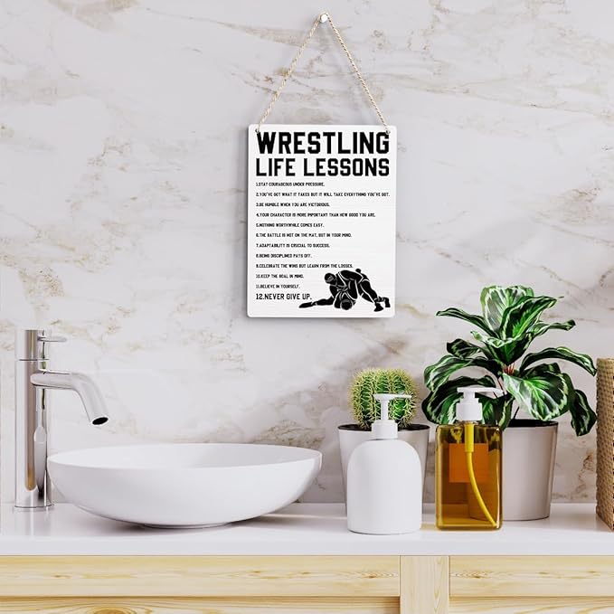 Wrestling Life Lessons Wooden Hanging Sign Inspirational Wrestling Wall Art Decor, Wrestling Wall Hanging Decor Signs for Home Office Bedroom Decoration 8x10 Inches