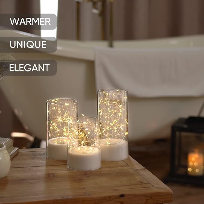 Homemory White Clear Flameless Candles with Remote, Embedded Twinkle String Lights in Acylinder Battery Pillar Candles, Unique Timer Fake Candles for Wedding Home Decor, 8 Mode Lights, Set of 3