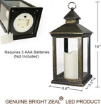 Bright Zeal 2-PACK 14 Inch Vintage Decorative Candle Lanterns With Timer - IP44 Waterproof Distressed Gold Decorative Outdoor Lanterns Battery Powered - Hanging Decorative Lanterns For Wedding Indoors