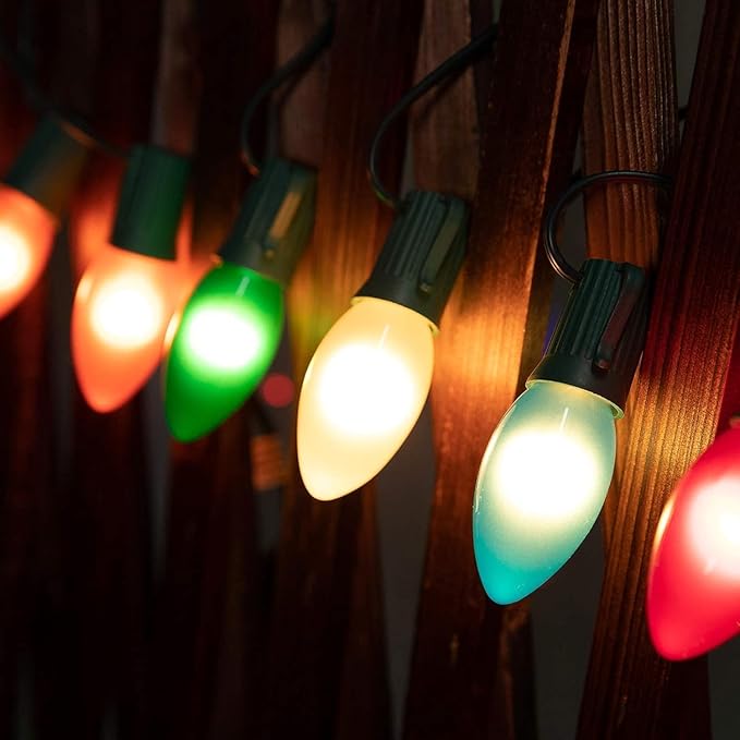 Brightown Multicolor Christmas Lights Ceramic, C9 25 Feet Vintage Incandescent Lights with 25 Opaque Bulbs for Patio Fence Roofline Outdoor Indoor Holiday Christmas Decorations