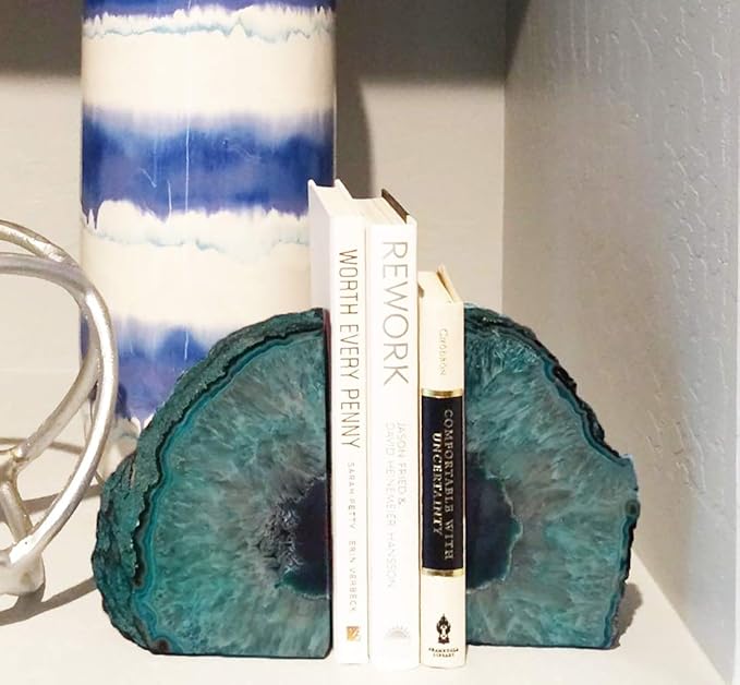 AMOYSTONE Bookends Agate Decorative Book Ends for Shelves Heavy Duty Crystal Stone Bookends Dyed Teal with Rubber Bumpers 1 Pair, 3-4 LBS