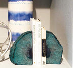 AMOYSTONE Geode Bookends Heavy Duty Agate Large Stone Bookend Decorative Crystal Quartz Book Ends Dyed Teal with Rubber Bumpers(1 Pair, 6-8 LBS)