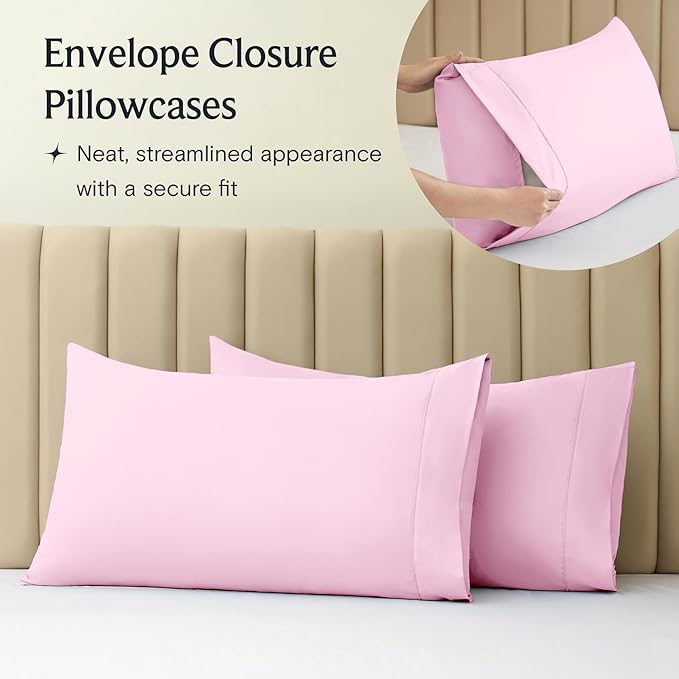 LuxClub 4 PC Sheet Set Bed Sheets Deep Pockets Eco Friendly Wrinkle Free Cooling Machine Washable Hotel Bedding Silky Soft - Powder Pink Full