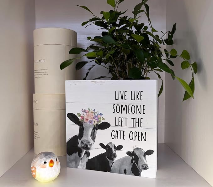 Inspirational Wood Signs, Wooden Box Sign Desk Decor, Cow Table Art, Plaque With Positive Saying, Farmhouse Tabletop, Country Style Home Decor, Live Like Someone Left the Gate Open