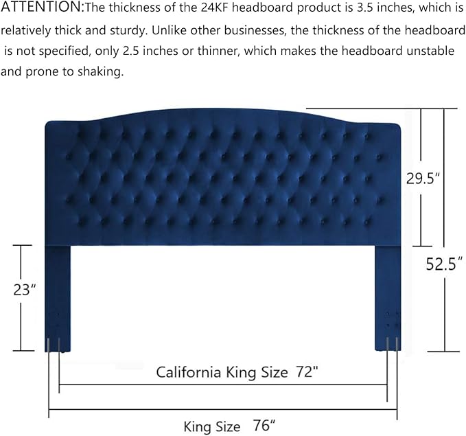 24KF Upholstered Button Tufted King Headboard and Velvet Fabric King/California King- Navy
