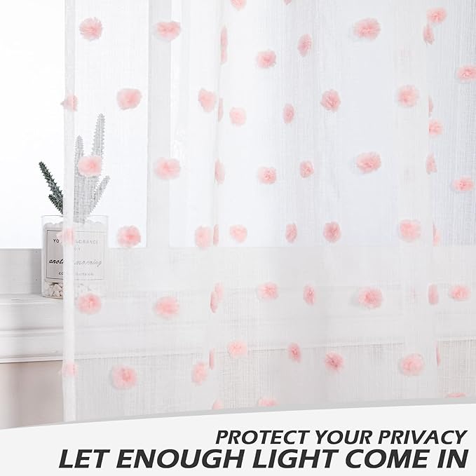 MYSKY HOME Short Curtains for Kitchen Windows Pink Pom Pom Curtains for Bedroom Light Filtering White Sheer Curtains for Nursery Cafe Bathroom Privacy Rod Pocket Bohemian Voile 38 x 45 inch 2 Panels